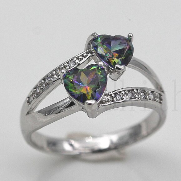 Jewelry - 18K White Gold Filled Double Heart Mystical Rainbow Diamond Zircon Ring Gorgeous